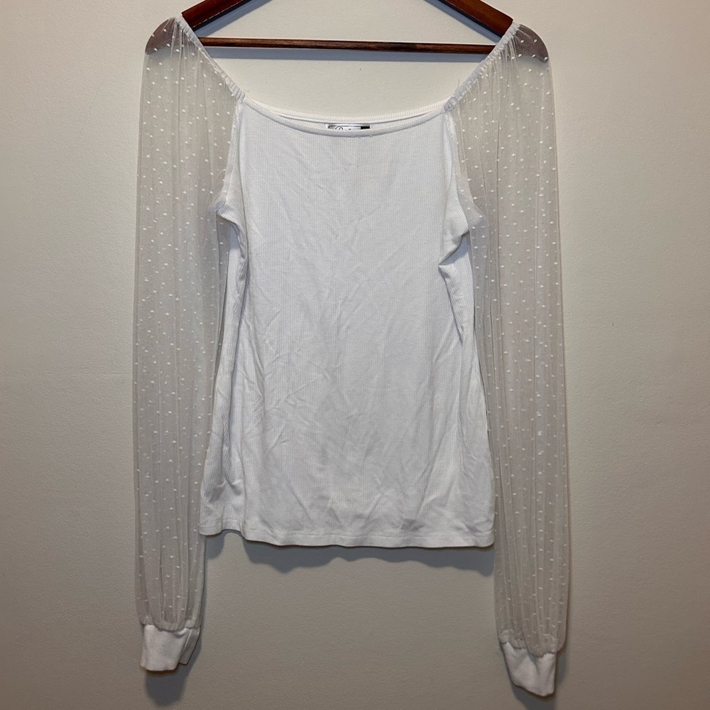 Women's Ribbed Square Neck Mesh Long Sleeve Top - Picture 2 of 4